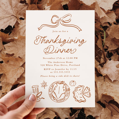 Whimsical Hand-Drawn Bow and Doodles Thanksgiving Dinner Invitation Template
