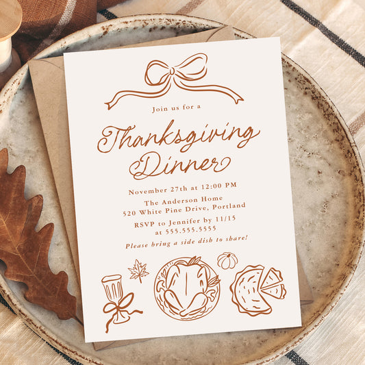 Whimsical Hand-Drawn Bow and Doodles Thanksgiving Dinner Invitation Template