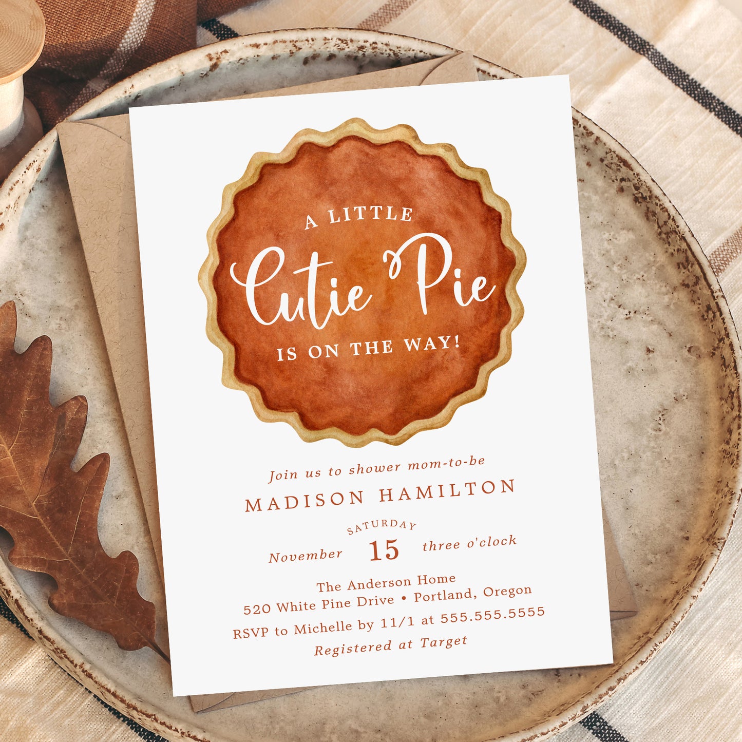 A Little Cutie Pie Fall Pumpkin Baby Shower Invitation | Corjl Template