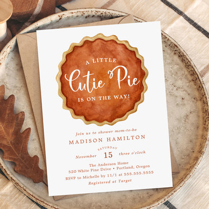 A Little Cutie Pie Fall Pumpkin Baby Shower Invitation | Corjl Template