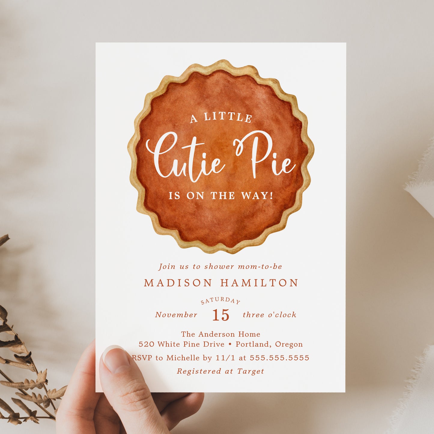 A Little Cutie Pie Fall Pumpkin Baby Shower Invitation | Corjl Template