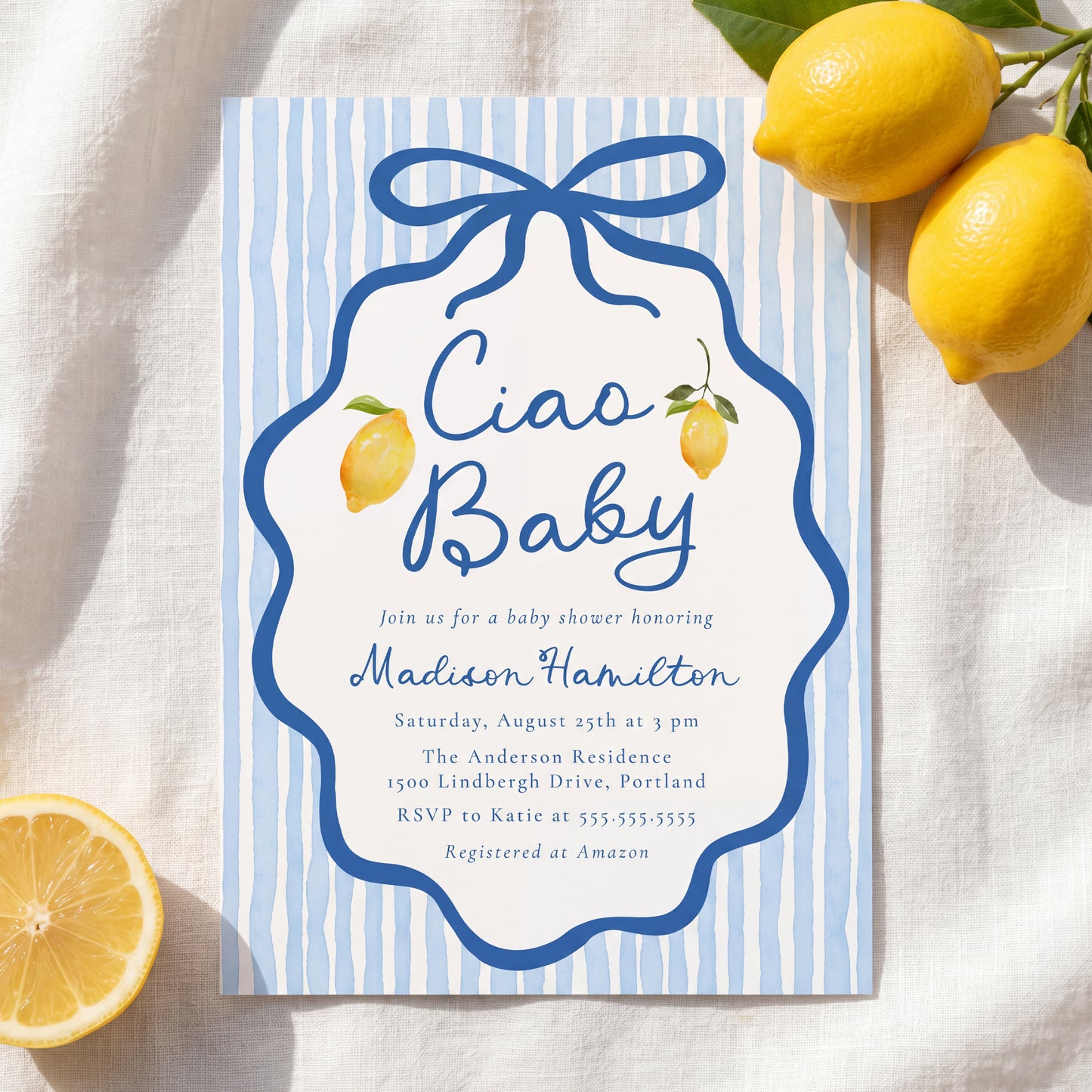 Ciao Baby Blue Italian Lemon Baby Shower Invitation | Corjl Listing