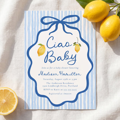 Ciao Baby Blue Italian Lemon Baby Shower Invitation | Corjl Listing