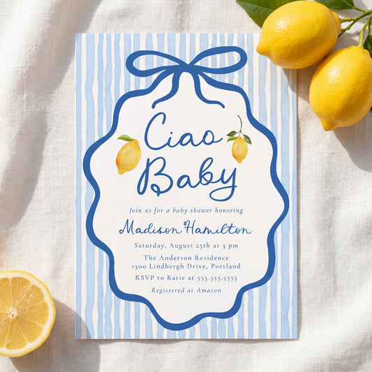 Ciao Baby Blue Italian Lemon Baby Shower Invitation | Corjl Listing