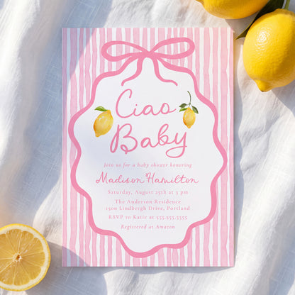 Ciao Baby Pink Italian Lemon Baby Shower Invitation | Corjl Listing