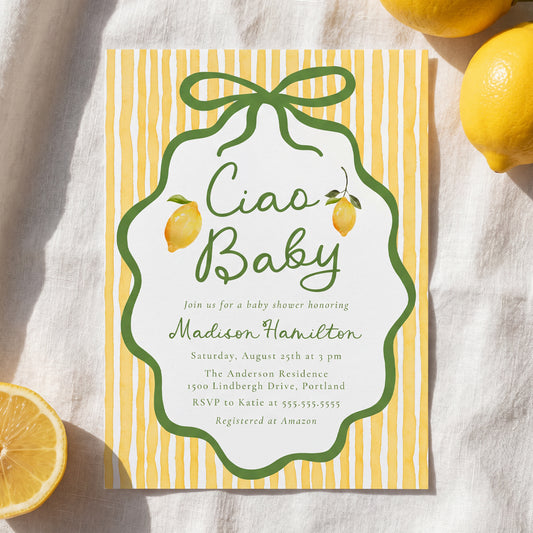 Ciao Baby Italian Lemon Baby Shower Invitation | Corjl Listing