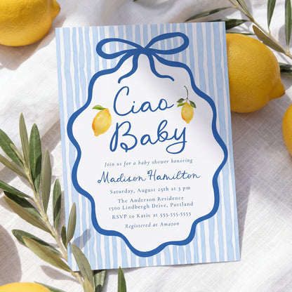 Ciao Baby Blue Italian Lemon Baby Shower Invitation | Corjl Listing