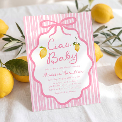 Ciao Baby Pink Italian Lemon Baby Shower Invitation | Corjl Listing