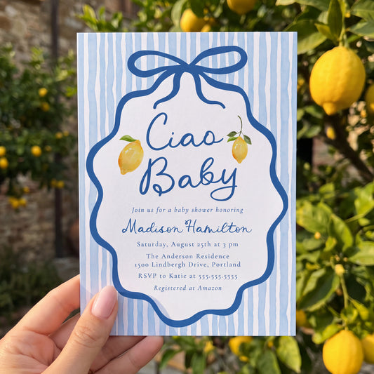 Ciao Baby Blue Italian Lemon Baby Shower Invitation | Corjl Listing