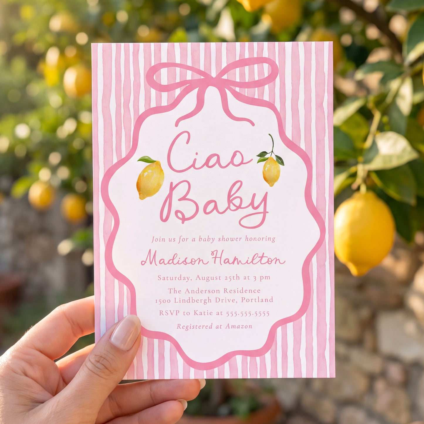 Ciao Baby Pink Italian Lemon Baby Shower Invitation | Corjl Listing