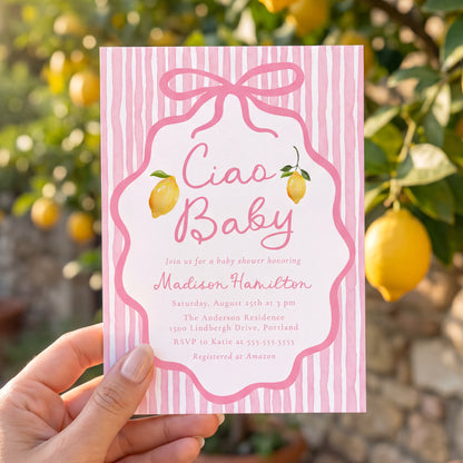 Ciao Baby Pink Italian Lemon Baby Shower Invitation | Corjl Listing