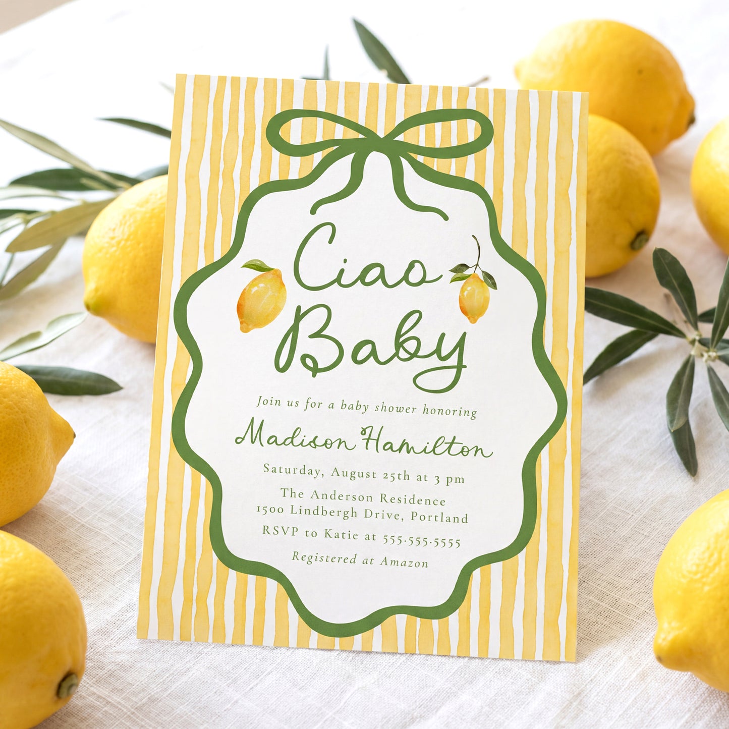 Ciao Baby Italian Lemon Baby Shower Invitation | Corjl Listing