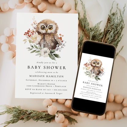 Cute Watercolor Winter Owl Baby Shower Invitation | Corjl Template