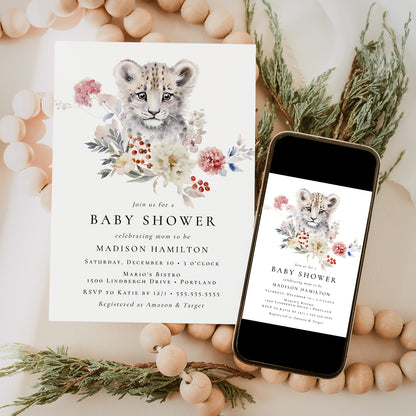 Cute Watercolor Snow Leopard Winter Baby Shower Invitation | Corjl Template