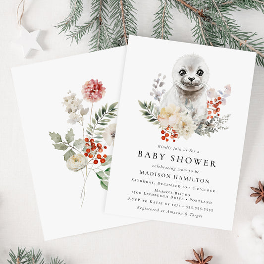 Cute Watercolor Arctic Seal Winter Baby Shower Invitation | Corjl Template