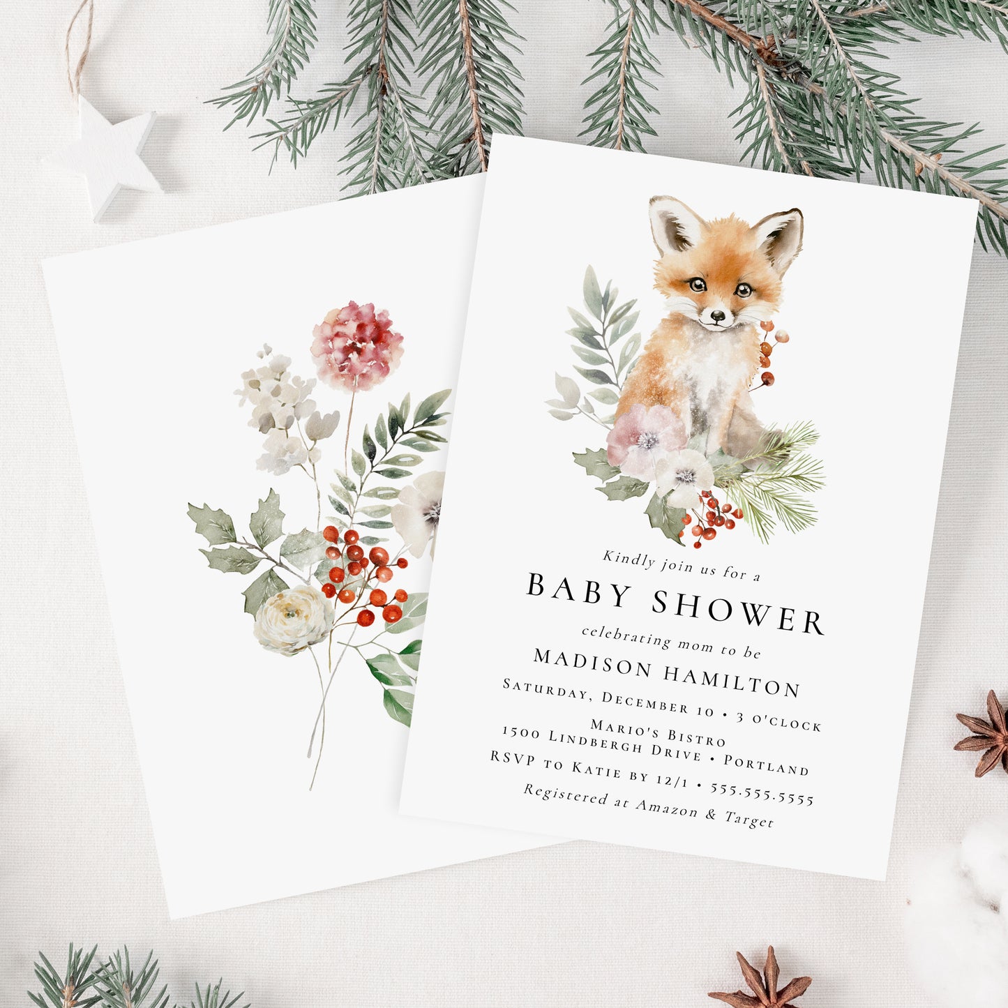 Cute Watercolor Fox Winter Baby Shower Invitation | Corjl Template