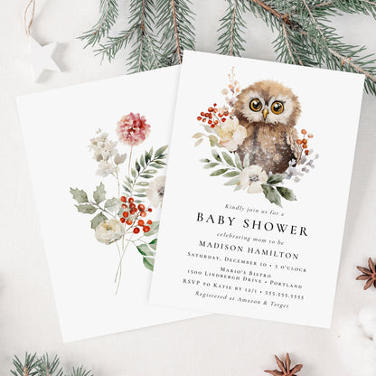 Cute Watercolor Winter Owl Baby Shower Invitation | Corjl Template