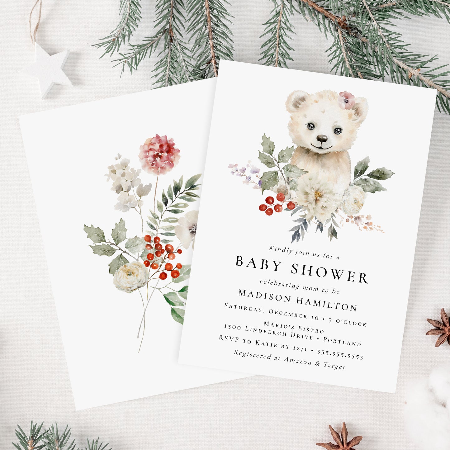Cute Watercolor Polar Bear Winter Baby Shower Invitation | Corjl Template