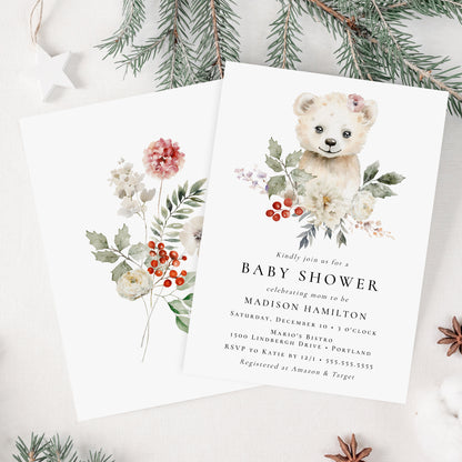 Cute Watercolor Polar Bear Winter Baby Shower Invitation | Corjl Template