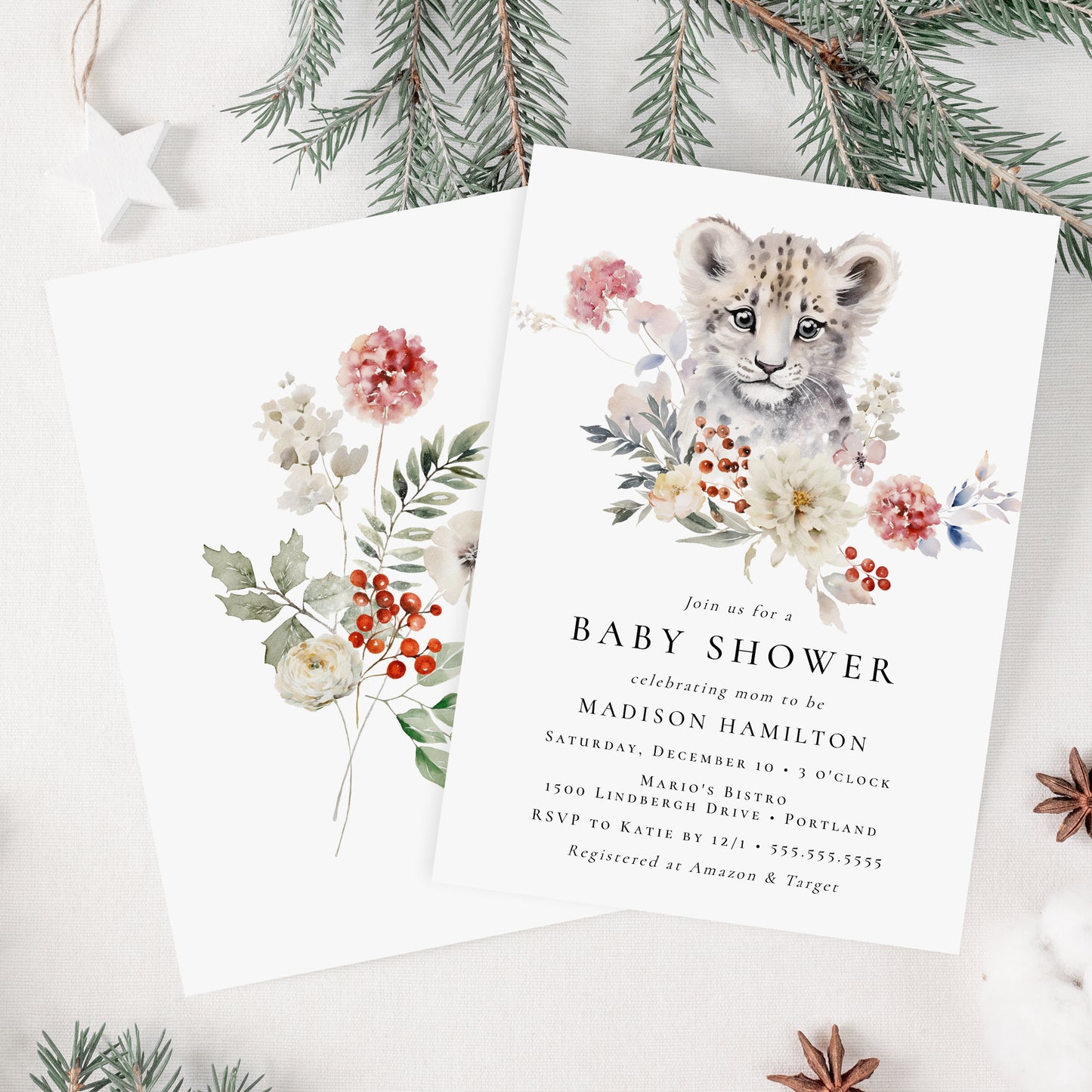 Cute Watercolor Snow Leopard Winter Baby Shower Invitation | Corjl Template