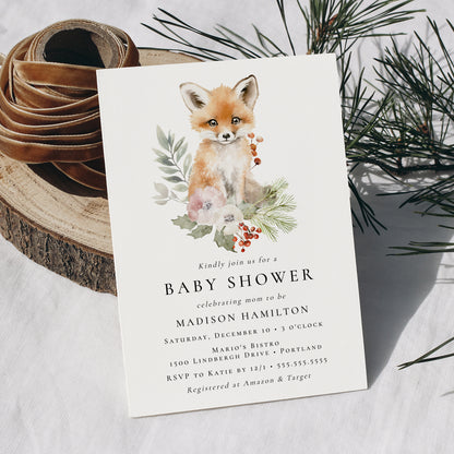 Cute Watercolor Fox Winter Baby Shower Invitation | Corjl Template