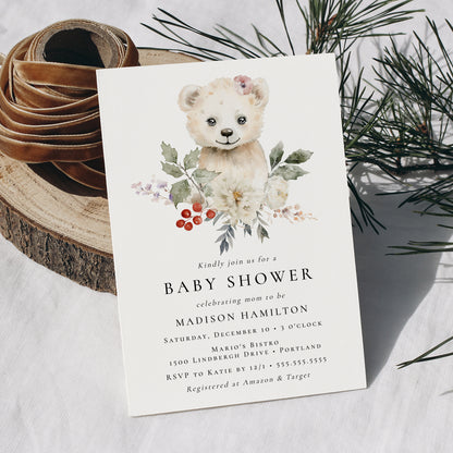 Cute Watercolor Polar Bear Winter Baby Shower Invitation | Corjl Template