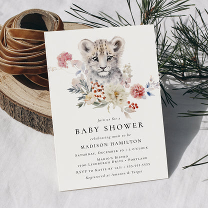 Cute Watercolor Snow Leopard Winter Baby Shower Invitation | Corjl Template