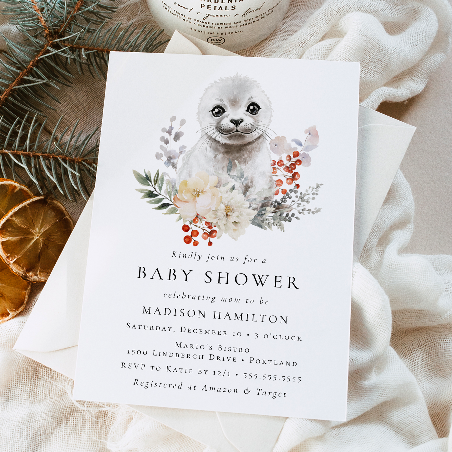 Cute Watercolor Arctic Seal Winter Baby Shower Invitation | Corjl Template