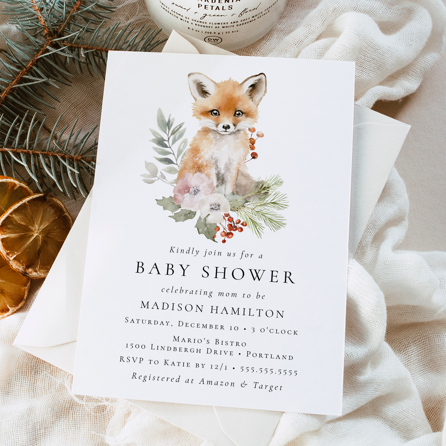 Cute Watercolor Fox Winter Baby Shower Invitation | Corjl Template