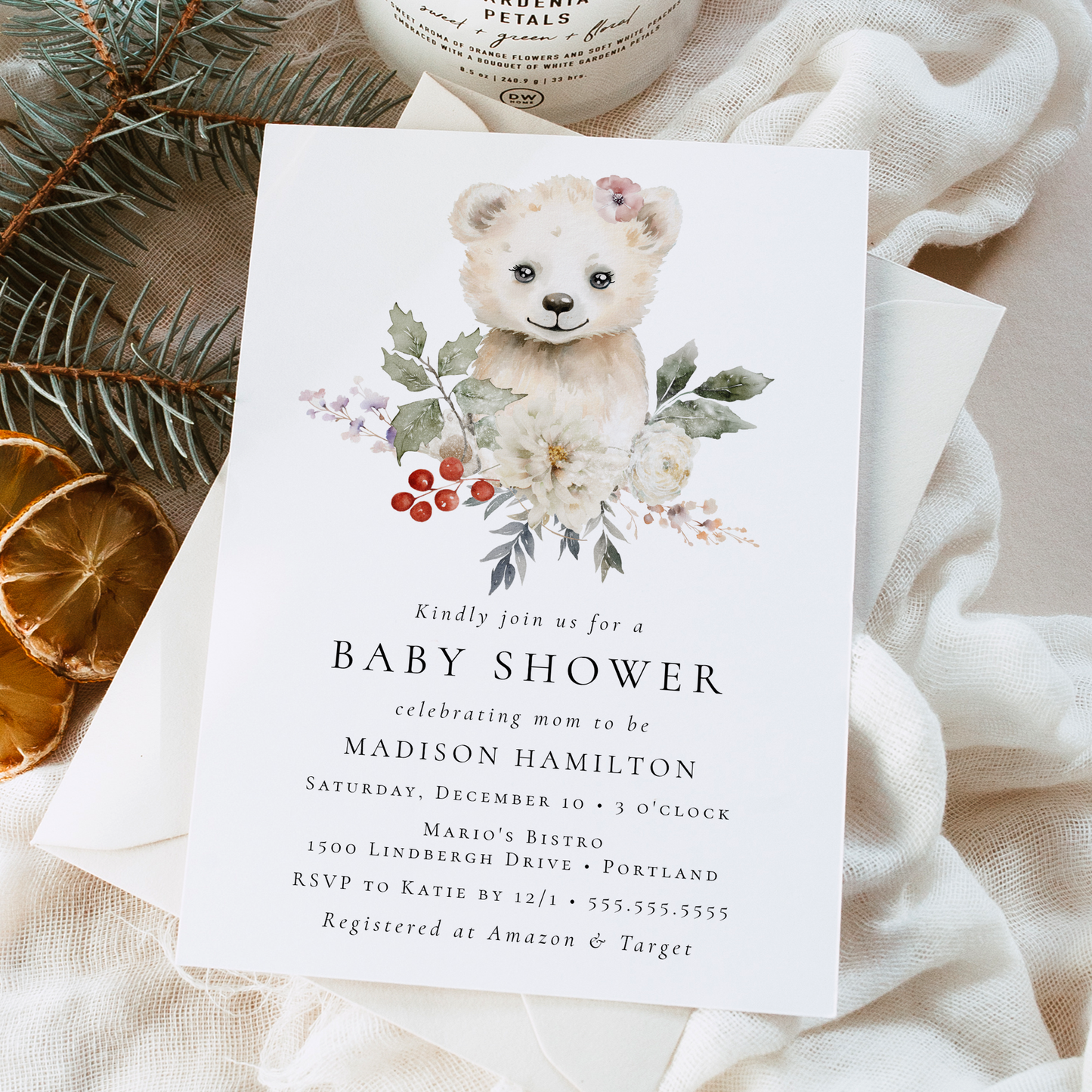 Cute Watercolor Polar Bear Winter Baby Shower Invitation | Corjl Template