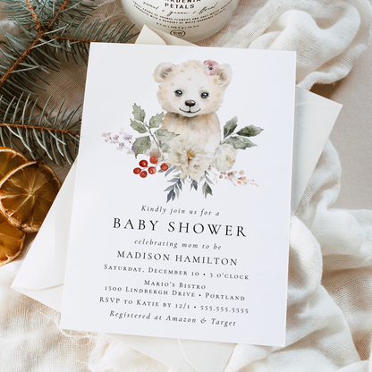 Cute Watercolor Polar Bear Winter Baby Shower Invitation | Corjl Template