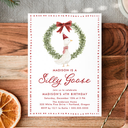 Silly Goose Christmas Red Bow Birthday Invitation | Corjl Template