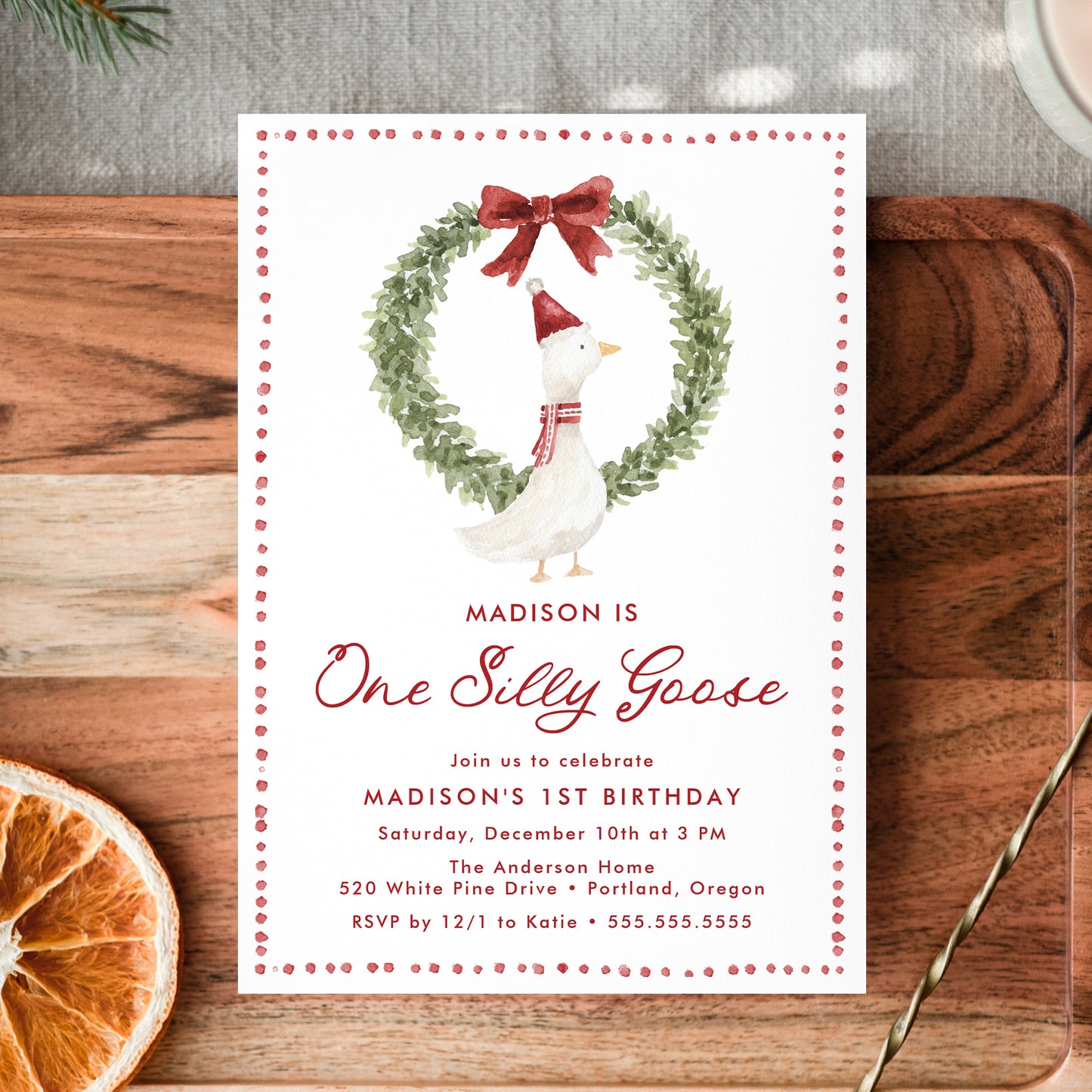 One Silly Goose Christmas Red Bow 1st Birthday Invitation | Corjl Template