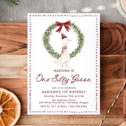 One Silly Goose Christmas Red Bow 1st Birthday Invitation | Corjl Template