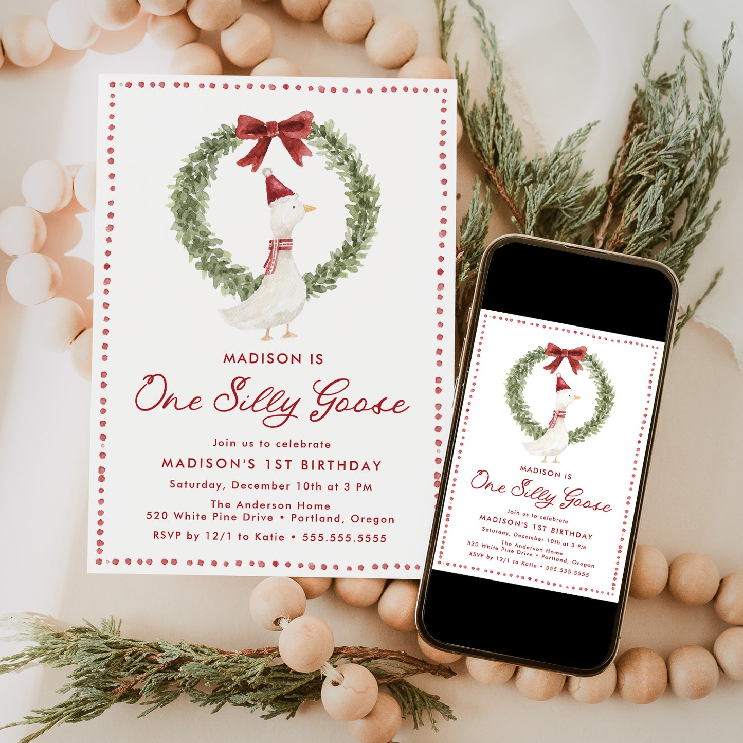 One Silly Goose Christmas Red Bow 1st Birthday Invitation | Corjl Template
