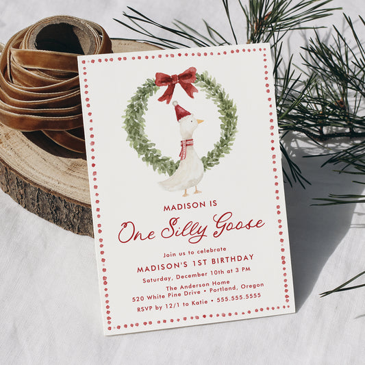 One Silly Goose Christmas Red Bow 1st Birthday Invitation | Corjl Template