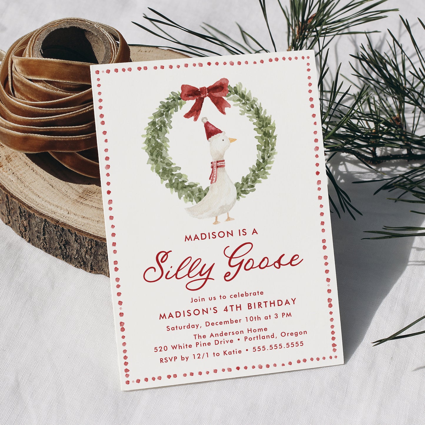 Silly Goose Christmas Red Bow Birthday Invitation | Corjl Template