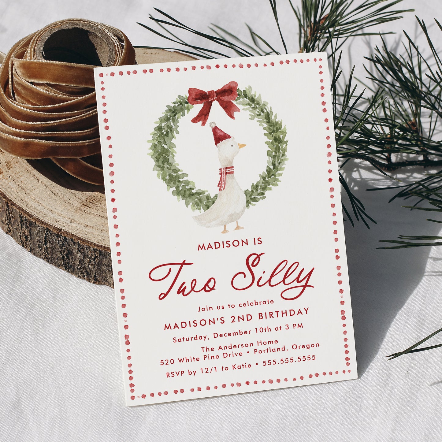 Two Silly Goose Christmas Red Bow 2nd Birthday Invitation | Corjl Template
