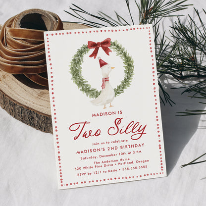 Two Silly Goose Christmas Red Bow 2nd Birthday Invitation | Corjl Template
