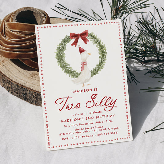 Two Silly Goose Christmas Red Bow 2nd Birthday Invitation | Corjl Template