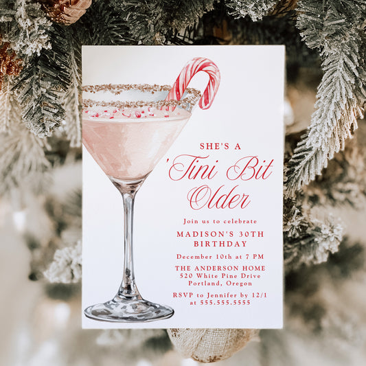 ‘Tini Bit Older Candy Cane Martini Birthday Party Invitation | Canva Template