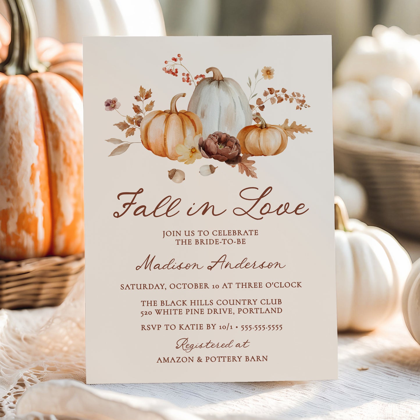 Rustic Fall in Love Pumpkin Floral Bridal Shower Invitation | Corjl Template