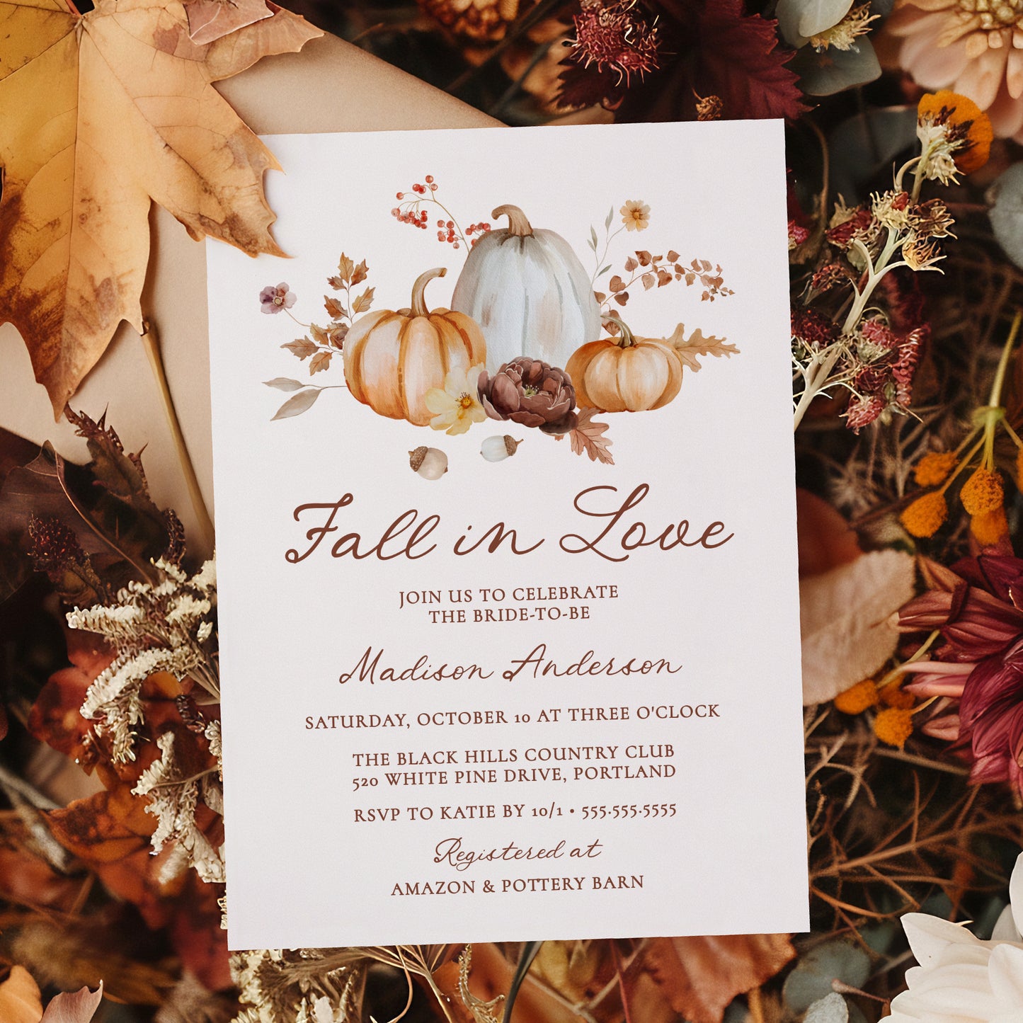 Rustic Fall in Love Pumpkin Floral Bridal Shower Invitation | Corjl Template