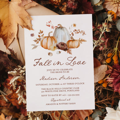 Rustic Fall in Love Pumpkin Floral Bridal Shower Invitation | Corjl Template