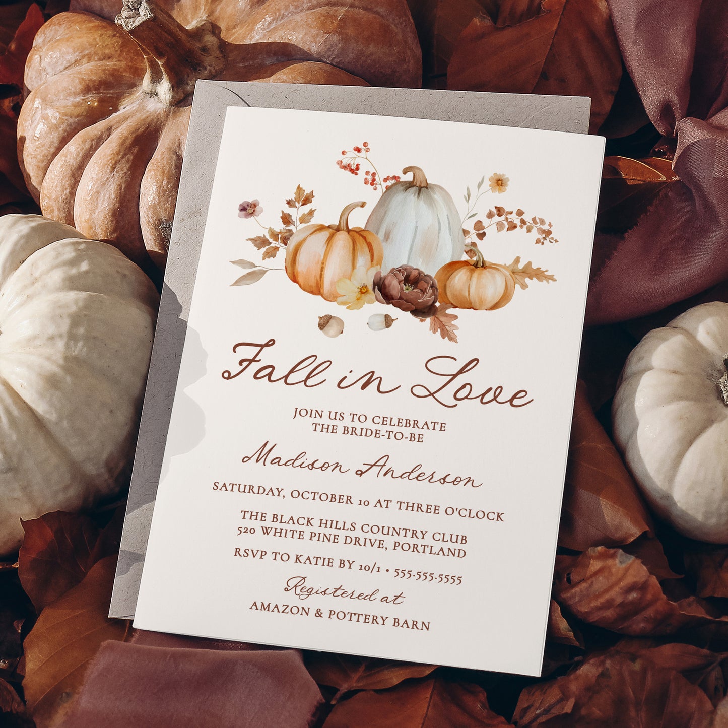 Rustic Fall in Love Pumpkin Floral Bridal Shower Invitation | Corjl Template