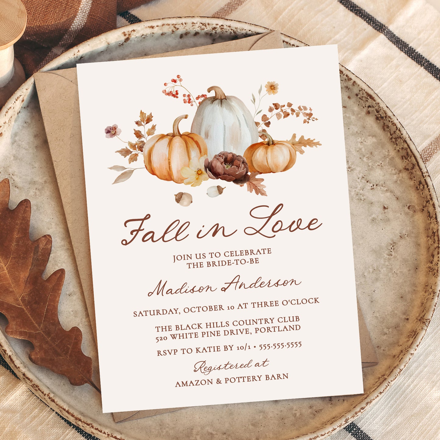 Rustic Fall in Love Pumpkin Floral Bridal Shower Invitation | Corjl Template