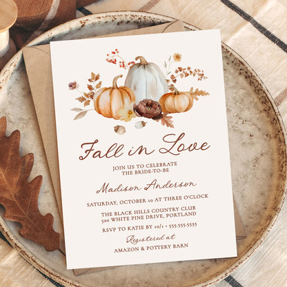 Rustic Fall in Love Pumpkin Floral Bridal Shower Invitation | Corjl Template