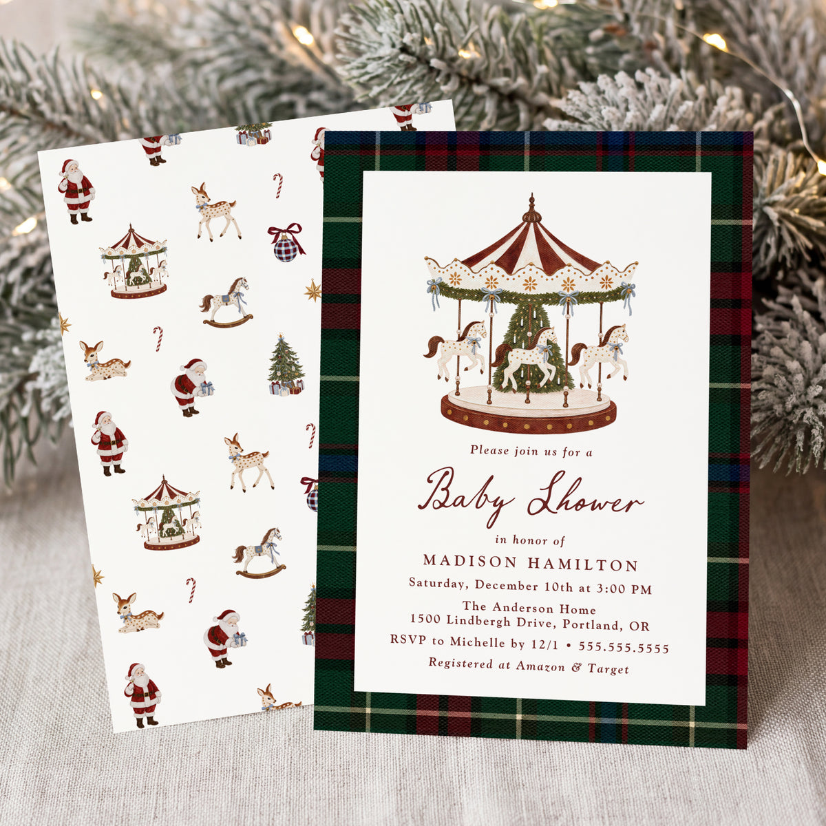 Vintage Christmas Carousel Tartan Baby Shower Invitation Template