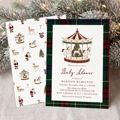 Vintage Christmas Carousel Tartan Baby Shower Invitation Template