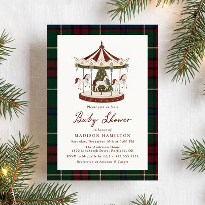 Vintage Christmas Carousel Tartan Baby Shower Invitation Template